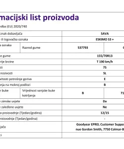 GUMA 155/70R13 75T ESKIMO S3+ MS TL SAVA Informacijski list